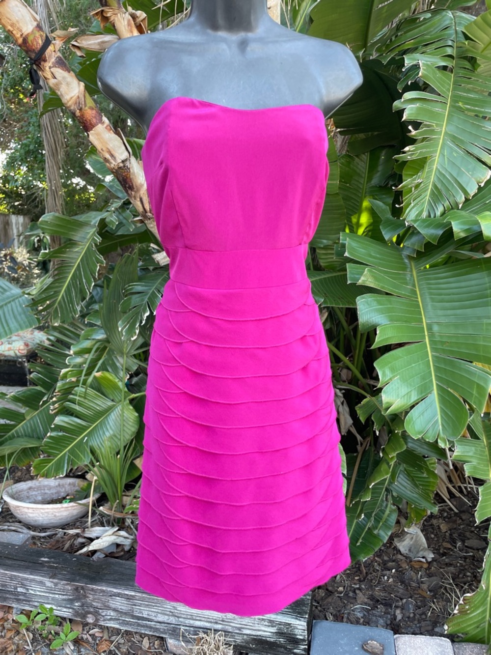 strapless, magenta, ruffle sheath dress